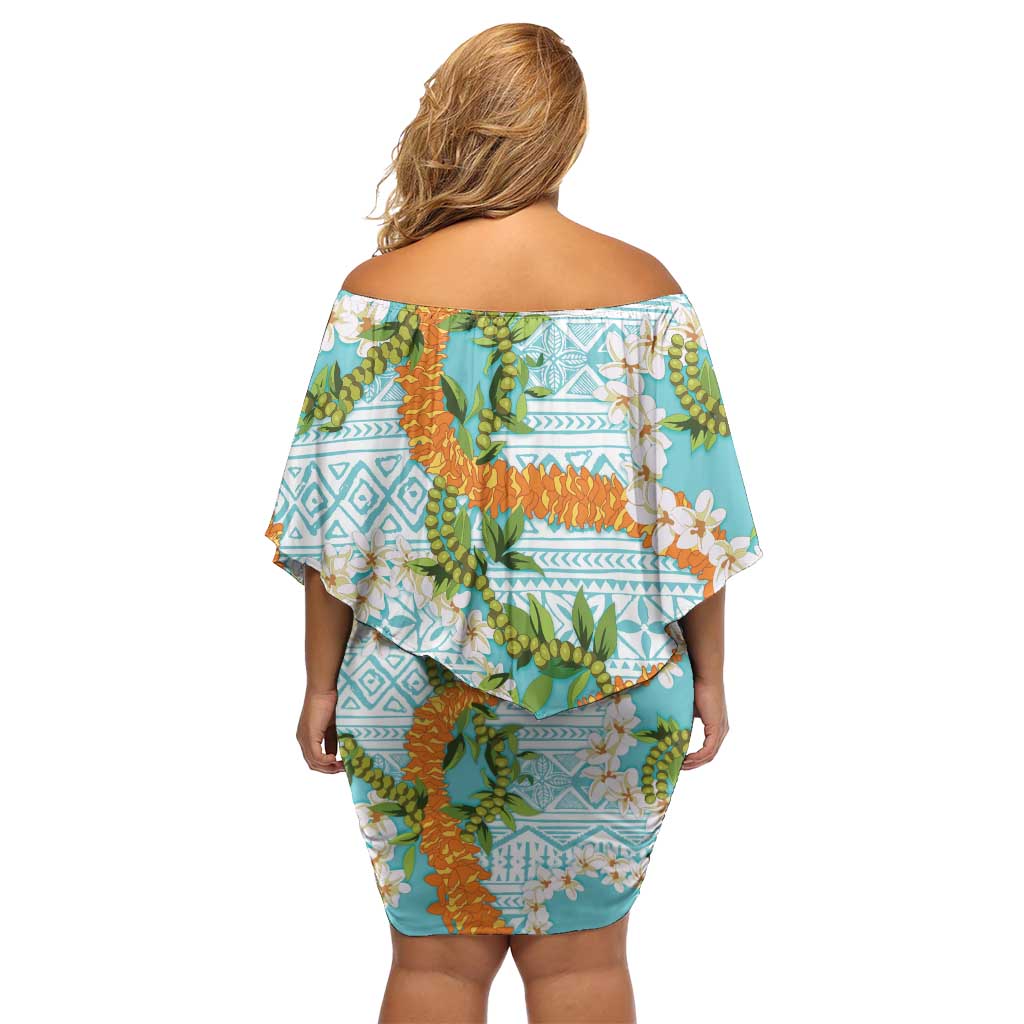 Aloha Festive Hawaii Family Matching Off Shoulder Short Dress and Hawaiian Shirt Mokihana - Maile and Ilima on Turquoise - Polynesian Pride