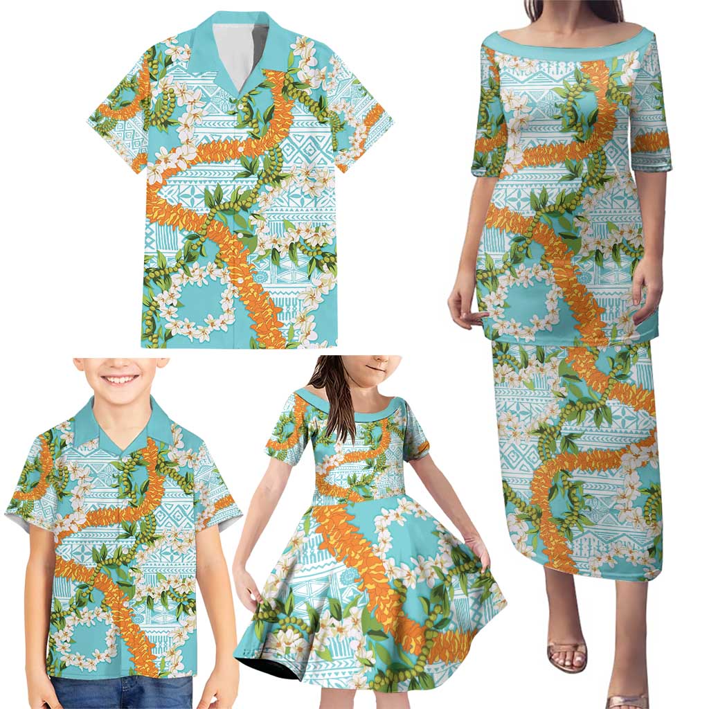 Aloha Festive Hawaii Family Matching Puletasi and Hawaiian Shirt Mokihana - Maile and Ilima on Turquoise - Polynesian Pride