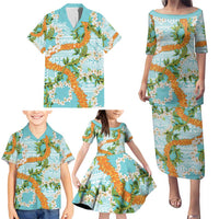 Aloha Festive Hawaii Family Matching Puletasi and Hawaiian Shirt Mokihana - Maile and Ilima on Turquoise - Polynesian Pride