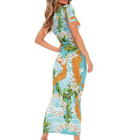 Aloha Festive Hawaii Family Matching Short Sleeve Bodycon Dress and Hawaiian Shirt Mokihana - Maile and Ilima on Turquoise - Polynesian Pride