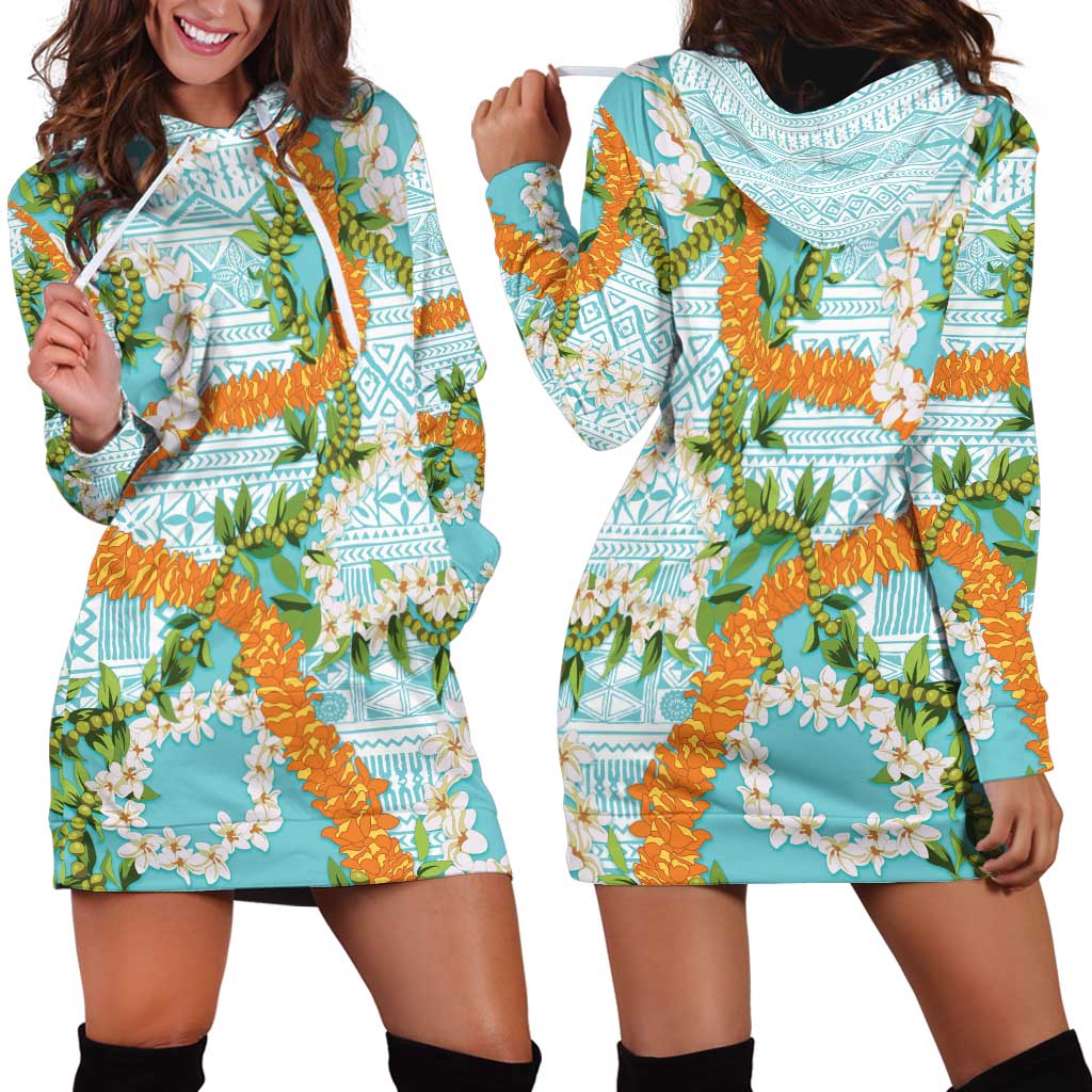 Aloha Festive Hawaii Hoodie Dress Mokihana - Maile and Ilima on Turquoise - Polynesian Pride