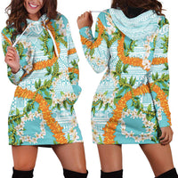 Aloha Festive Hawaii Hoodie Dress Mokihana - Maile and Ilima on Turquoise - Polynesian Pride