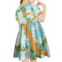 Aloha Festive Hawaii Kid Short Sleeve Dress Mokihana - Maile and Ilima on Turquoise - Polynesian Pride