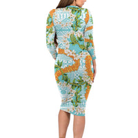 Aloha Festive Hawaii Long Sleeve Bodycon Dress Mokihana - Maile and Ilima on Turquoise - Polynesian Pride