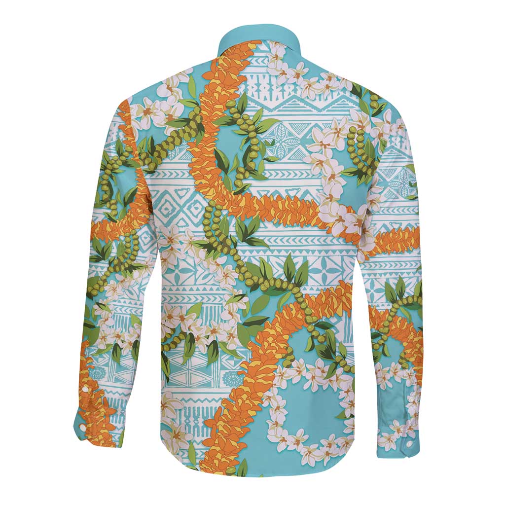 Aloha Festive Hawaii Long Sleeve Button Shirt Mokihana - Maile and Ilima on Turquoise - Polynesian Pride
