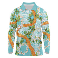 Aloha Festive Hawaii Long Sleeve Polo Shirt Mokihana - Maile and Ilima on Turquoise - Polynesian Pride