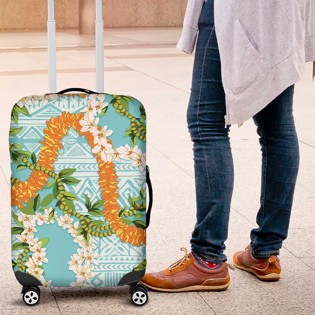 Aloha Festive Hawaii Luggage Cover Mokihana - Maile and Ilima on Turquoise - Polynesian Pride