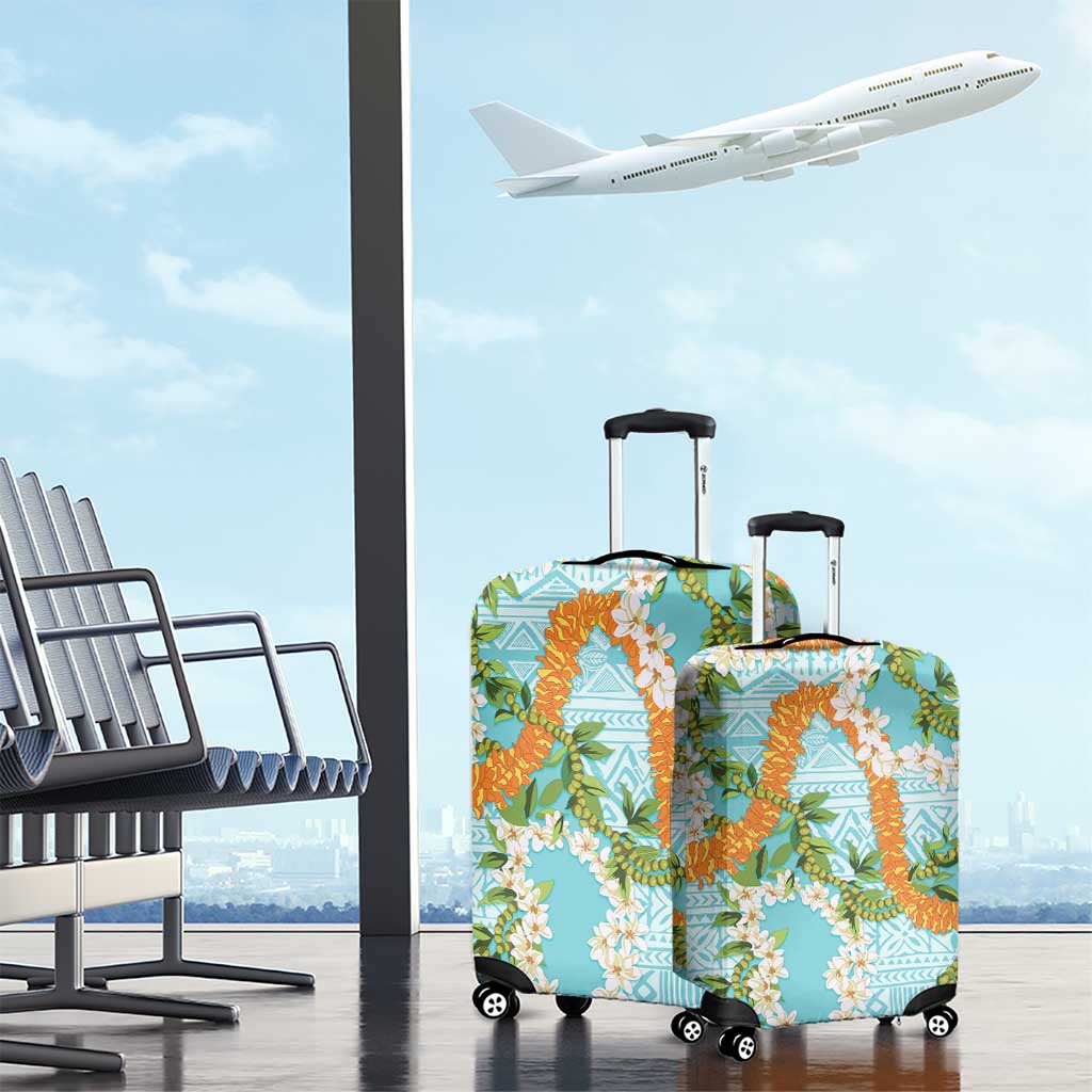 Aloha Festive Hawaii Luggage Cover Mokihana - Maile and Ilima on Turquoise - Polynesian Pride