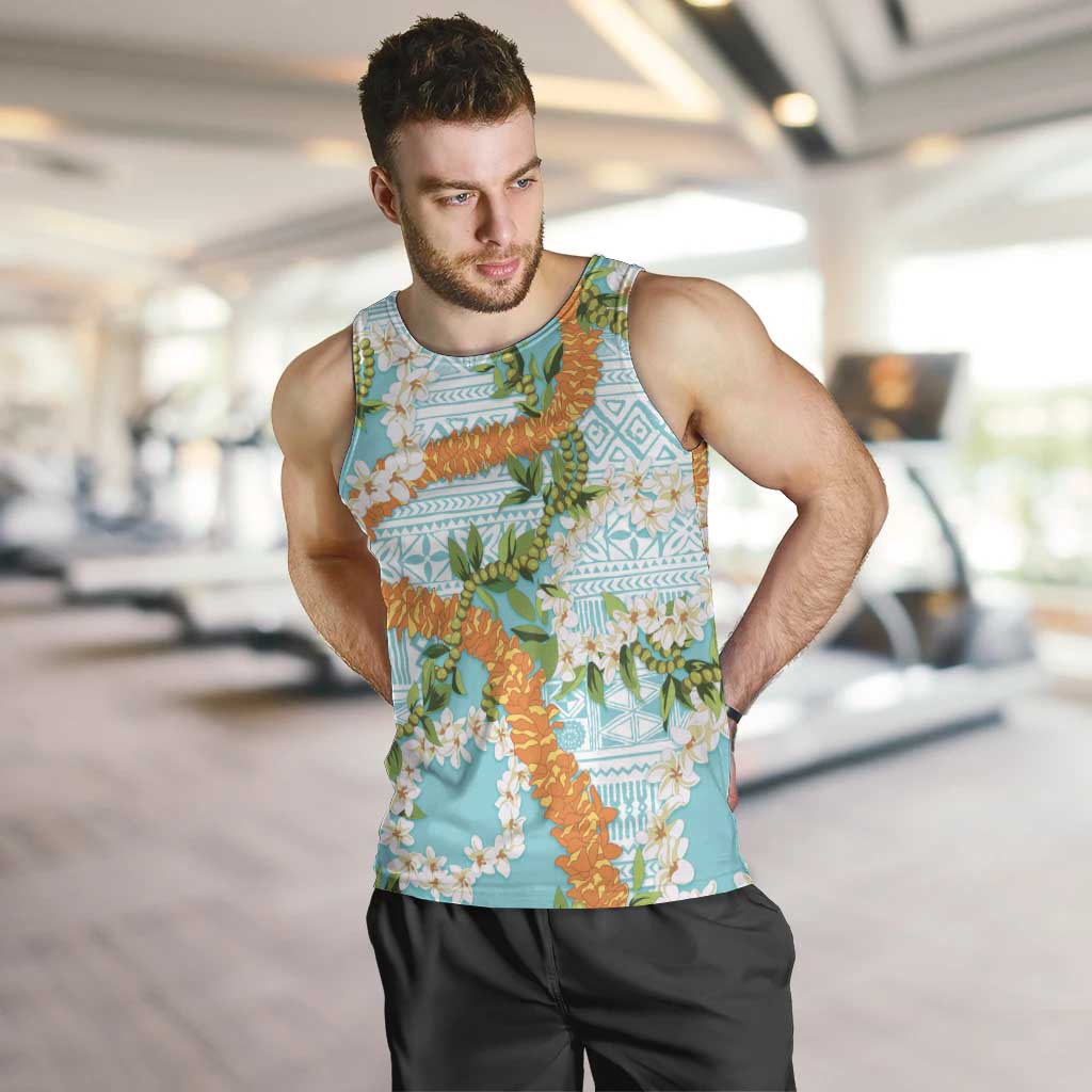 Aloha Festive Hawaii Men Tank Top Mokihana - Maile and Ilima on Turquoise - Polynesian Pride