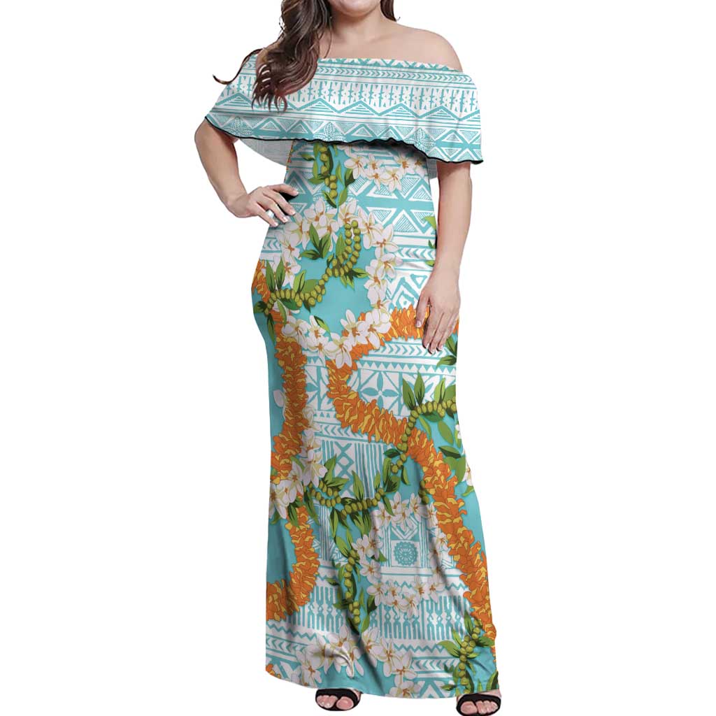 Aloha Festive Hawaii Off Shoulder Maxi Dress Mokihana - Maile and Ilima on Turquoise - Polynesian Pride