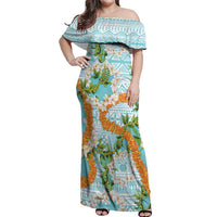 Aloha Festive Hawaii Off Shoulder Maxi Dress Mokihana - Maile and Ilima on Turquoise - Polynesian Pride