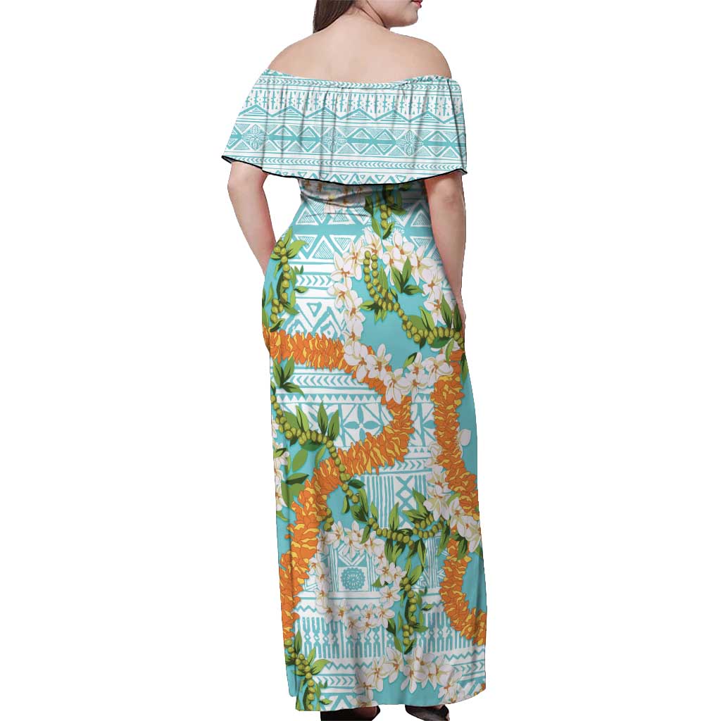 Aloha Festive Hawaii Off Shoulder Maxi Dress Mokihana - Maile and Ilima on Turquoise - Polynesian Pride