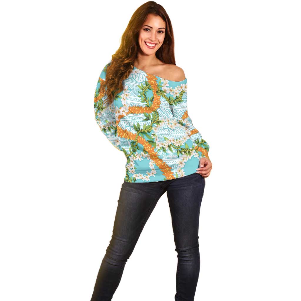 Aloha Festive Hawaii Off Shoulder Sweater Mokihana - Maile and Ilima on Turquoise - Polynesian Pride