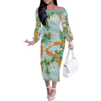 Aloha Festive Hawaii Off The Shoulder Long Sleeve Dress Mokihana - Maile and Ilima on Turquoise - Polynesian Pride