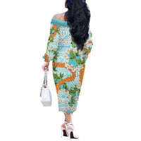 Aloha Festive Hawaii Off The Shoulder Long Sleeve Dress Mokihana - Maile and Ilima on Turquoise - Polynesian Pride