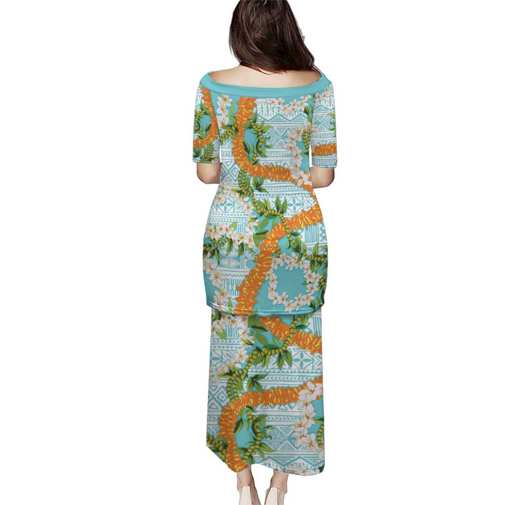 Aloha Festive Hawaii Puletasi Mokihana - Maile and Ilima on Turquoise - Polynesian Pride