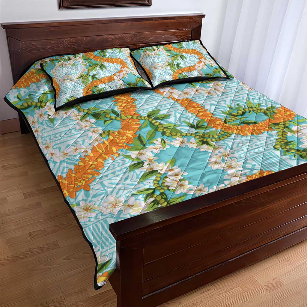 Aloha Festive Hawaii Quilt Bed Set Mokihana - Maile and Ilima on Turquoise - Polynesian Pride