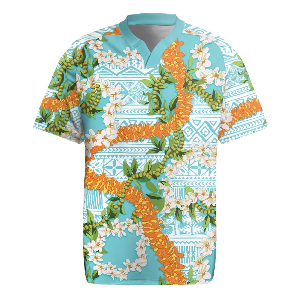 Aloha Festive Hawaii Rugby Jersey Mokihana - Maile and Ilima on Turquoise - Polynesian Pride