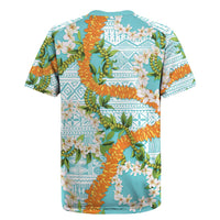 Aloha Festive Hawaii Rugby Jersey Mokihana - Maile and Ilima on Turquoise - Polynesian Pride