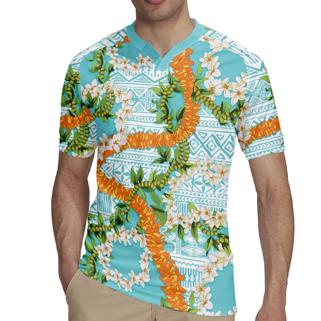 Aloha Festive Hawaii Rugby Jersey Mokihana - Maile and Ilima on Turquoise - Polynesian Pride