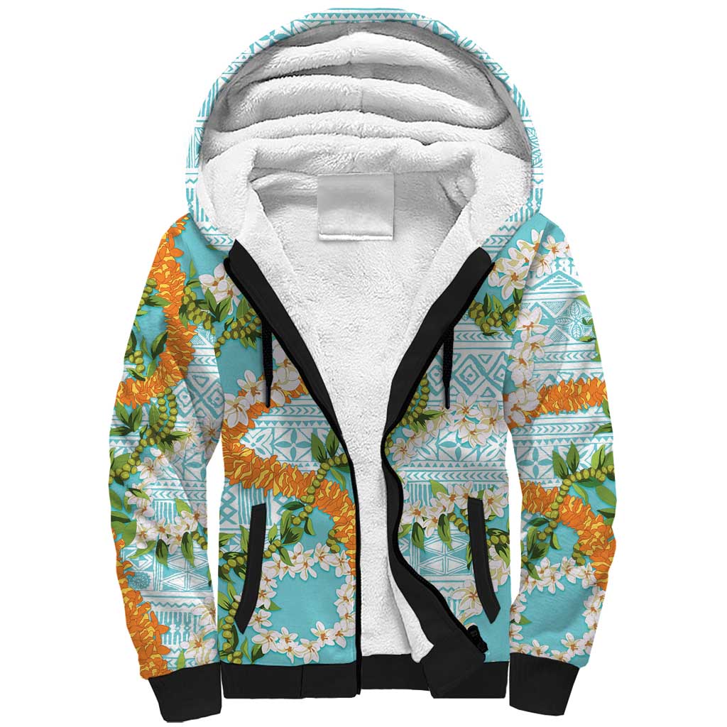 Aloha Festive Hawaii Sherpa Hoodie Mokihana - Maile and Ilima on Turquoise - Polynesian Pride