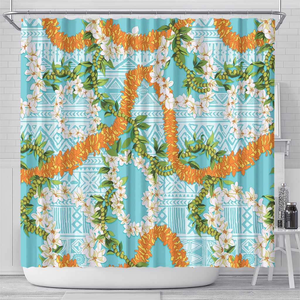 Aloha Festive Hawaii Shower Curtain Mokihana - Maile and Ilima on Turquoise - Polynesian Pride