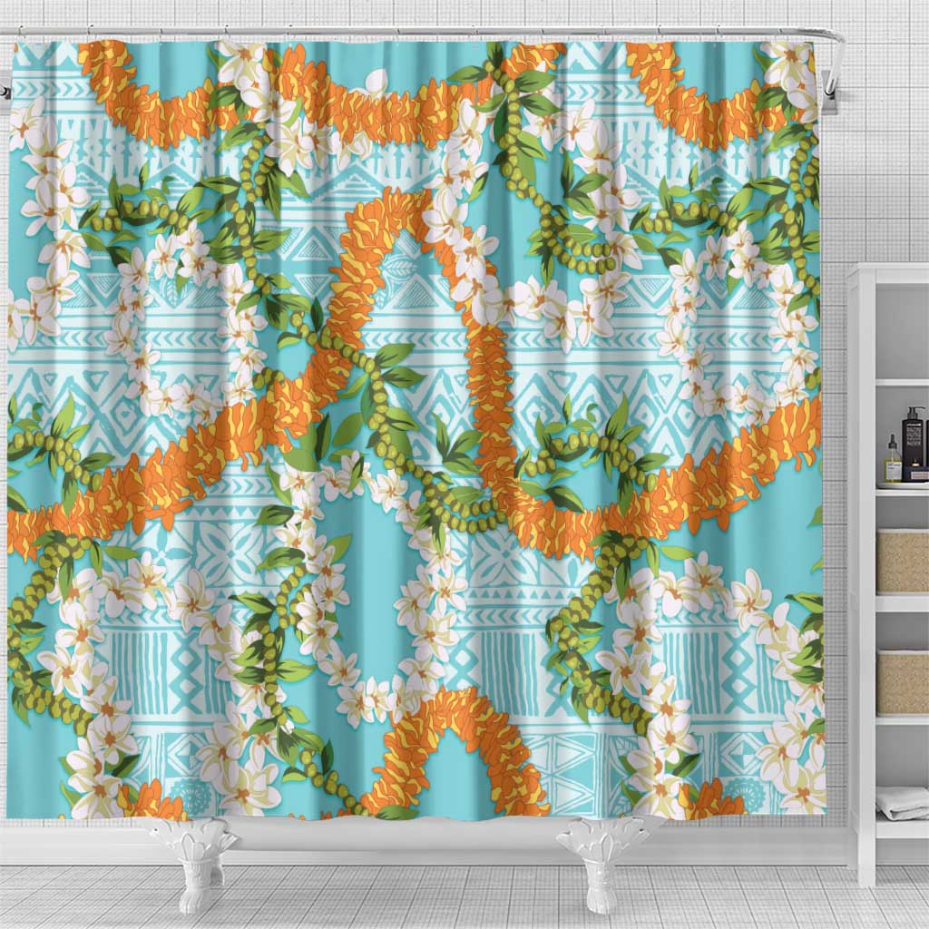 Aloha Festive Hawaii Shower Curtain Mokihana - Maile and Ilima on Turquoise - Polynesian Pride