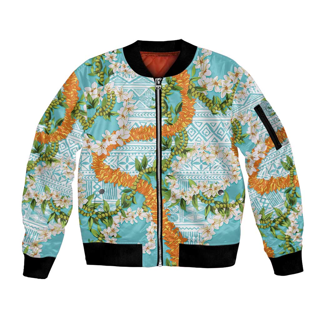 Aloha Festive Hawaii Sleeve Zip Bomber Jacket Mokihana - Maile and Ilima on Turquoise - Polynesian Pride