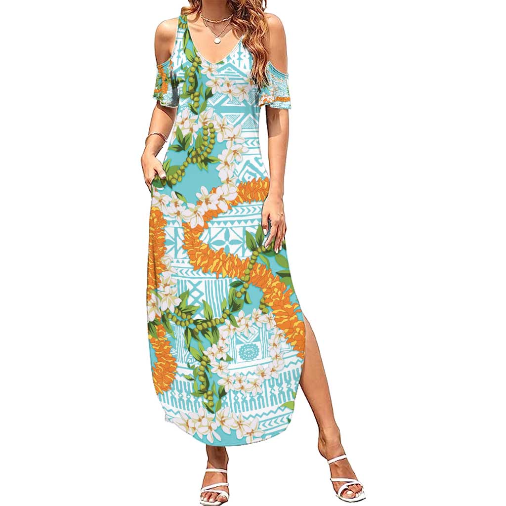 Aloha Festive Hawaii Summer Maxi Dress Mokihana - Maile and Ilima on Turquoise - Polynesian Pride