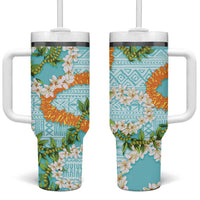 Aloha Festive Hawaii Tumbler With Handle Mokihana - Maile and Ilima on Turquoise - Polynesian Pride