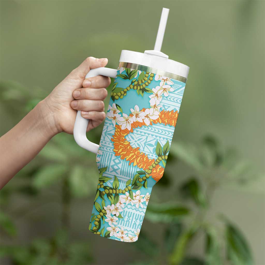 Aloha Festive Hawaii Tumbler With Handle Mokihana - Maile and Ilima on Turquoise - Polynesian Pride