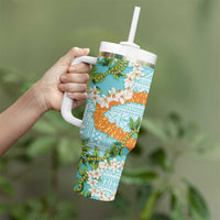 Aloha Festive Hawaii Tumbler With Handle Mokihana - Maile and Ilima on Turquoise - Polynesian Pride
