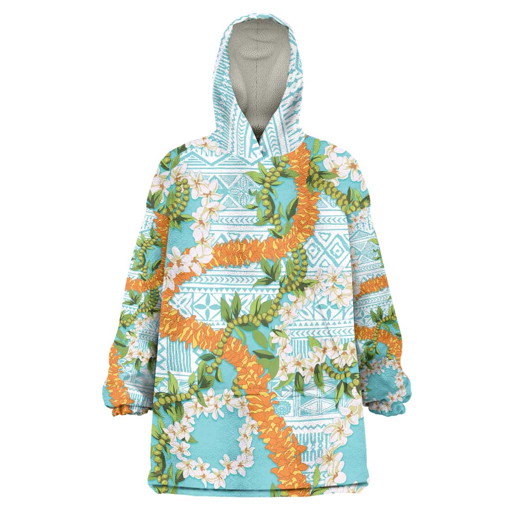 Aloha Festive Hawaii Wearable Blanket Hoodie Mokihana - Maile and Ilima on Turquoise - Polynesian Pride