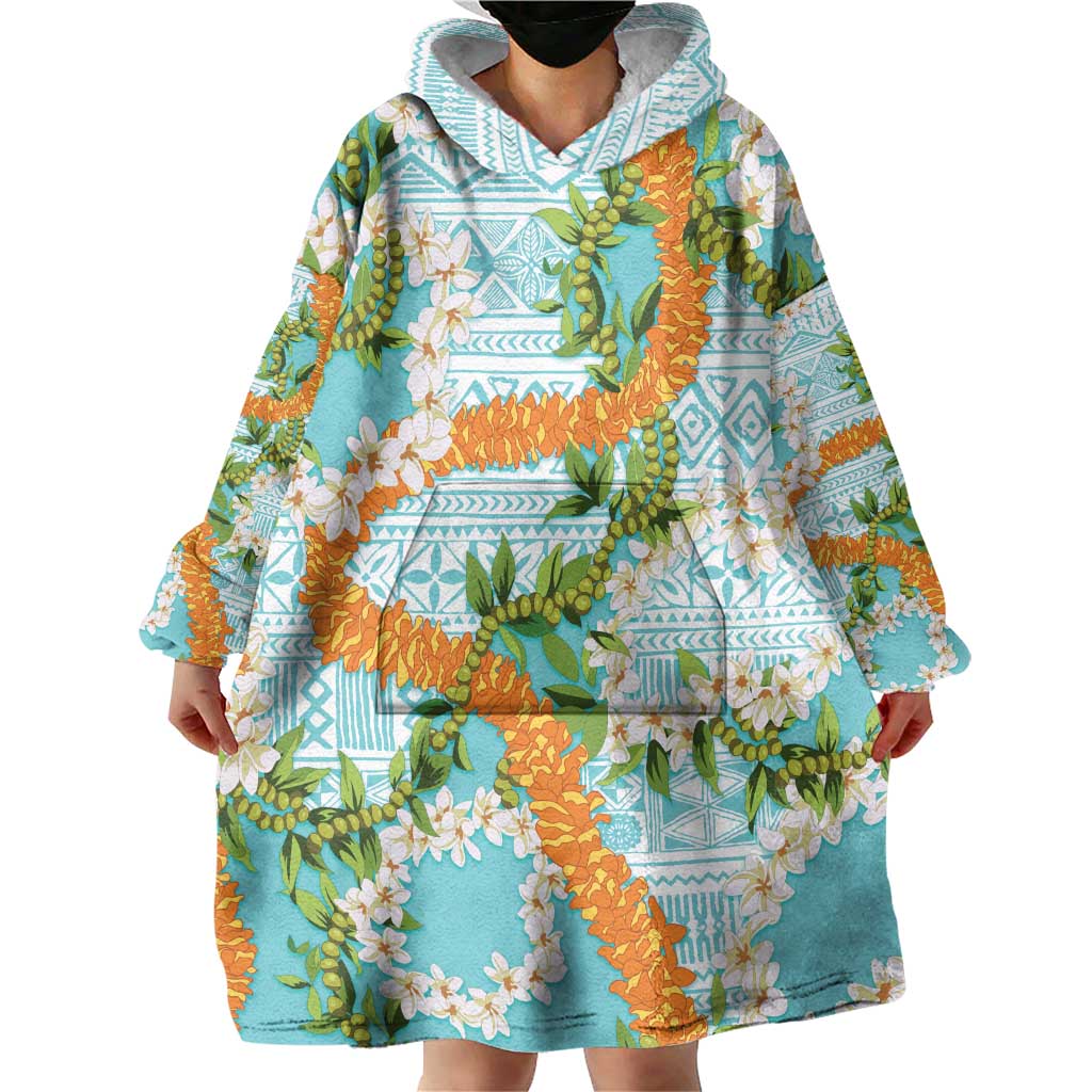 Aloha Festive Hawaii Wearable Blanket Hoodie Mokihana - Maile and Ilima on Turquoise - Polynesian Pride
