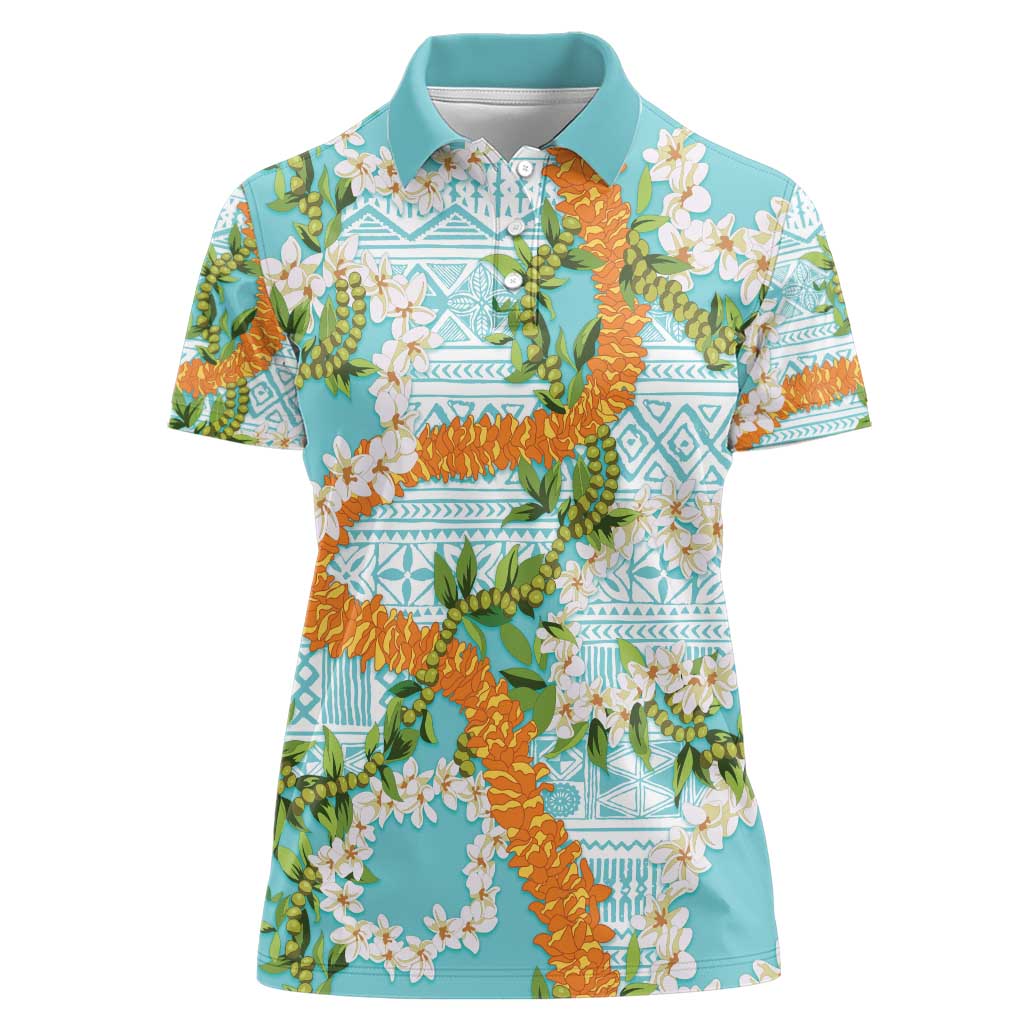 Aloha Festive Hawaii Women Polo Shirt Mokihana - Maile and Ilima on Turquoise - Polynesian Pride