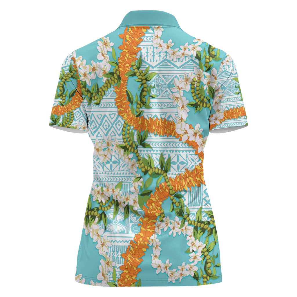 Aloha Festive Hawaii Women Polo Shirt Mokihana - Maile and Ilima on Turquoise - Polynesian Pride