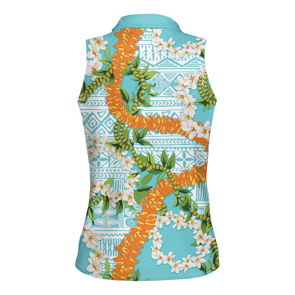 Aloha Festive Hawaii Women Sleeveless Polo Shirt Mokihana - Maile and Ilima on Turquoise - Polynesian Pride