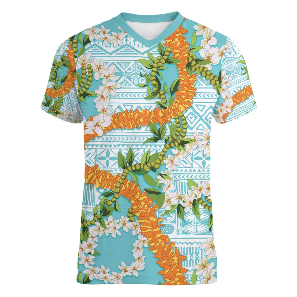Aloha Festive Hawaii Women V-Neck T-Shirt Mokihana - Maile and Ilima on Turquoise - Polynesian Pride