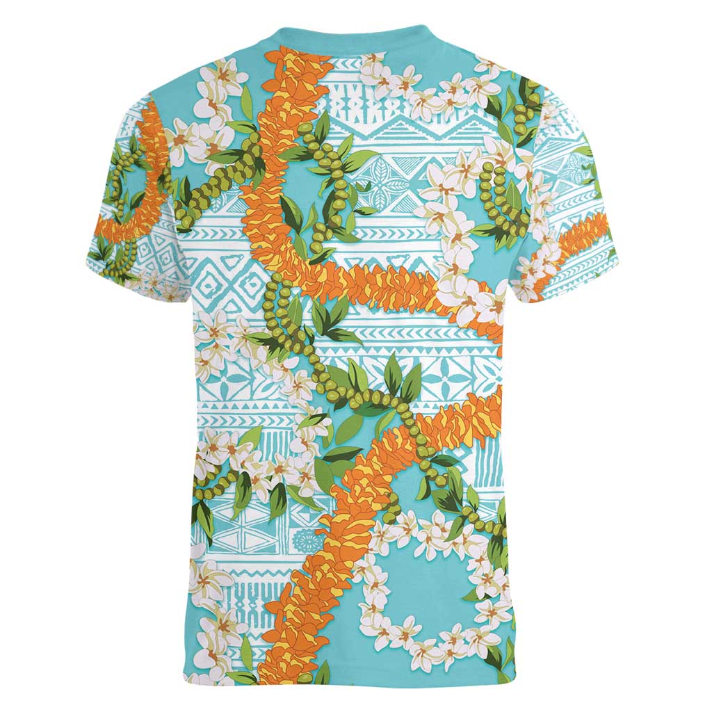 Aloha Festive Hawaii Women V-Neck T-Shirt Mokihana - Maile and Ilima on Turquoise - Polynesian Pride