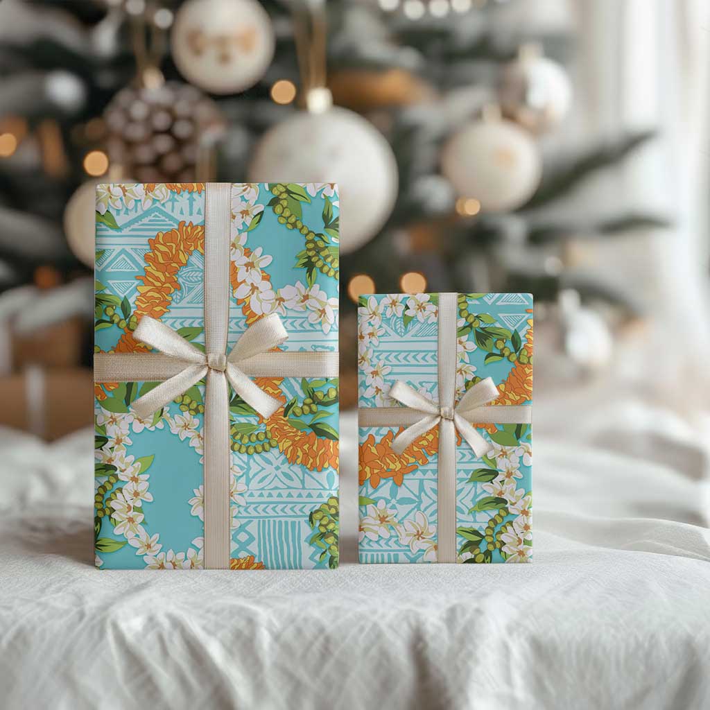 Aloha Festive Hawaii Wrapping Paper Mokihana - Maile and Ilima on Turquoise