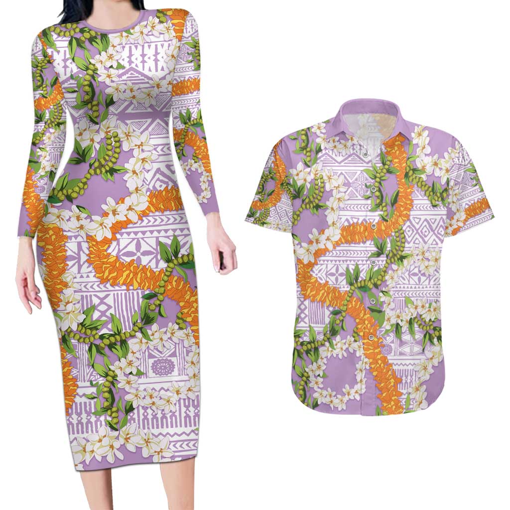 Aloha Festive Hawaii Couples Matching Long Sleeve Bodycon Dress and Hawaiian Shirt Mokihana - Maile and Ilima on Lilac - Polynesian Pride