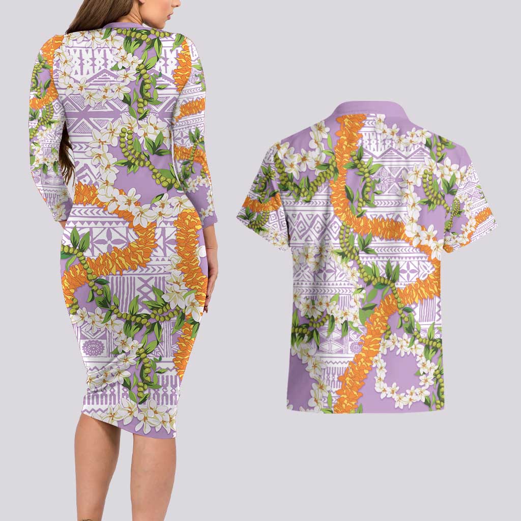 Aloha Festive Hawaii Couples Matching Long Sleeve Bodycon Dress and Hawaiian Shirt Mokihana - Maile and Ilima on Lilac - Polynesian Pride
