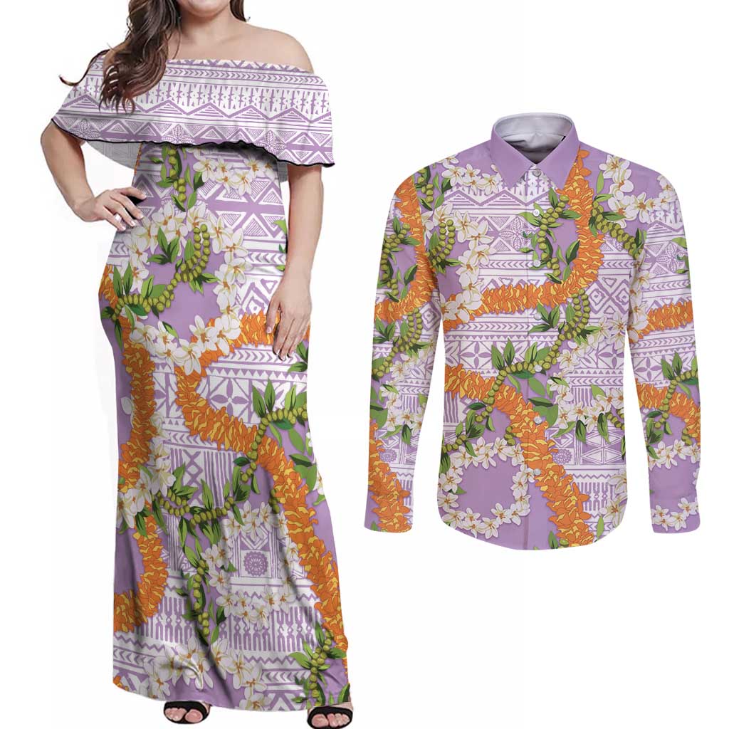 Aloha Festive Hawaii Couples Matching Off Shoulder Maxi Dress and Long Sleeve Button Shirt Mokihana - Maile and Ilima on Lilac - Polynesian Pride