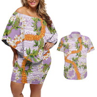 Aloha Festive Hawaii Couples Matching Off Shoulder Short Dress and Hawaiian Shirt Mokihana - Maile and Ilima on Lilac - Polynesian Pride