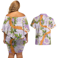 Aloha Festive Hawaii Couples Matching Off Shoulder Short Dress and Hawaiian Shirt Mokihana - Maile and Ilima on Lilac - Polynesian Pride
