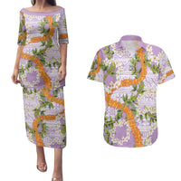 Aloha Festive Hawaii Couples Matching Puletasi and Hawaiian Shirt Mokihana - Maile and Ilima on Lilac - Polynesian Pride