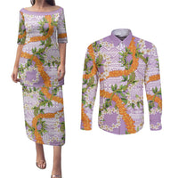 Aloha Festive Hawaii Couples Matching Puletasi and Long Sleeve Button Shirt Mokihana - Maile and Ilima on Lilac - Polynesian Pride