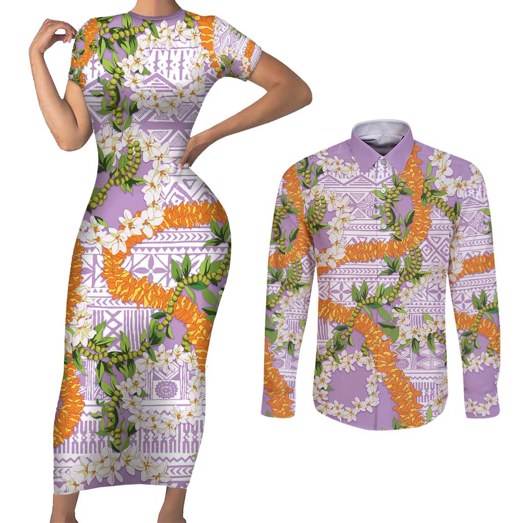 Aloha Festive Hawaii Couples Matching Short Sleeve Bodycon Dress and Long Sleeve Button Shirt Mokihana - Maile and Ilima on Lilac - Polynesian Pride