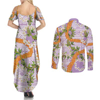 Aloha Festive Hawaii Couples Matching Summer Maxi Dress and Long Sleeve Button Shirt Mokihana - Maile and Ilima on Lilac - Polynesian Pride