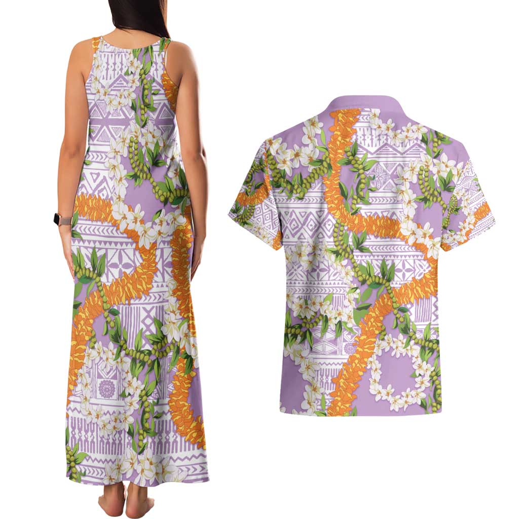 Aloha Festive Hawaii Couples Matching Tank Maxi Dress and Hawaiian Shirt Mokihana - Maile and Ilima on Lilac - Polynesian Pride